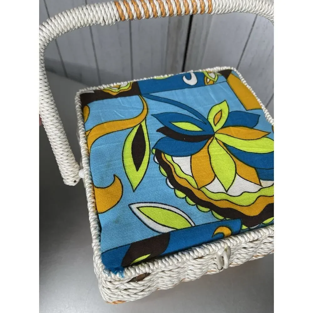 Vintage 70s Sewing Basket Retro Square Woven Blue Green Floral Psychedelic Japan